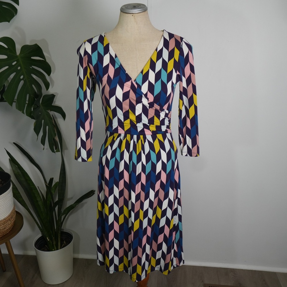 Boden Faux Wrap Dress 4R Multicolor Geometric Jersey Midi 3/4 Sleeve WH886